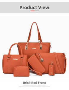 Front view of six-piece brick red handbag set with golden hardware on white background
