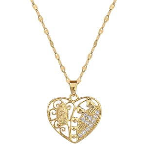 Gold heart pendant necklace with religious portrait and sparkling zircon inlay design