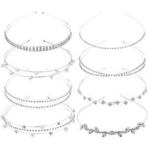 Set of 8 bridal headbands with silver metal finish featuring pearls and rhinestones