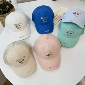 Detailed view of mesh breathable kids baseball caps in six assorted pastel colors