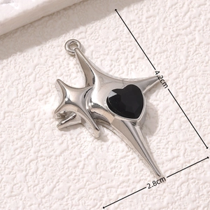 Detailed size view of silver star pendant with black heart gem for jewelry DIY