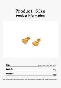 Detailed size guide of gold 3D heart stud earrings in 7mm 9mm and 11mm titanium steel