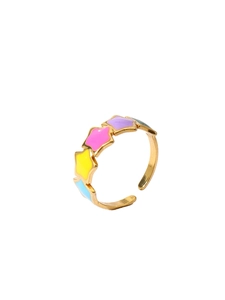 Close-up of colorful enamel star ring with five-color inlay and 18k gold plating