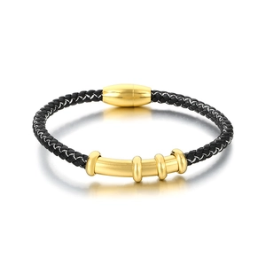 Men's black braided leather bracelet with gold magnetic clasp and tube charms