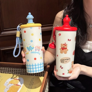 Cute cartoon stainless steel insulated water bottle with straw and charming strap charms