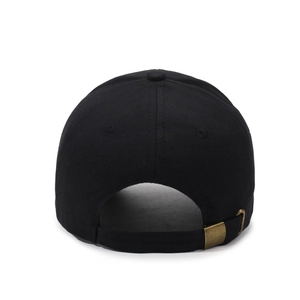Rear view of minimalist black cotton baseball cap with adjustable antique bronze metal buckle