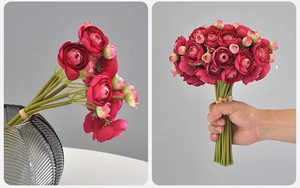 Detail of dark red Ranunculus bouquet showing silk petals texture and size in hand