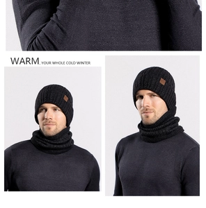 Detail of black rib-knit winter beanie and neck gaiter set with fleece lining
