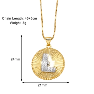 Detail showing letter L pendant dimensions 24x21mm and 45+5cm gold plated chain length