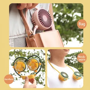 Portable cartoon neck fan in pink and green, used for handheld or hanging on a bag