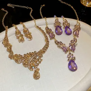 Elegant champagne and purple drop pendant jewelry sets with sparkling crystals