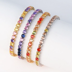 Rainbow Tennis Bracelet Multicolored Zircon Brass Gold Plated Adjustable Bolo Sliding Chain Hip Hop Luxury Jewelry For Women