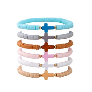 6-piece bohemian polymer clay stretch bracelet set with multi-colored cross pendants