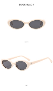 Front and side views of vintage small oval beige sunglasses with dark black lenses