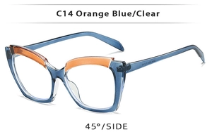 Detail view of cat eye glasses frames in orange and blue gradient colorway at 45 degree angle