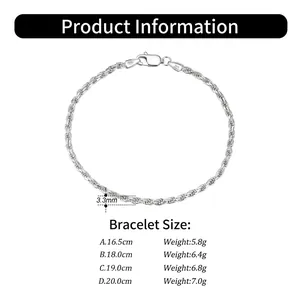 Detailed size chart for S925 sterling silver rope chain showing lengths and weights