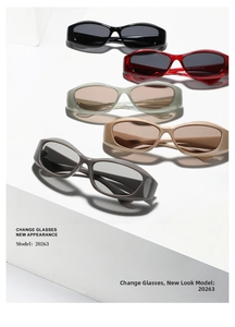 Selection of wide-frame Y2K square sunglasses in various colors on a white pedestal