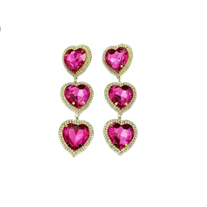 Elegant pink heart drop earrings with three-tier rhinestones and gold plating