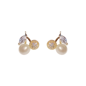 Exquisite gold cherry earrings with white pearls and clear cubic zirconia stones