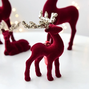 Burgundy flocked reindeer ornament with gold glitter antlers for Christmas decor
