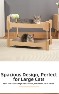 Double-layer wooden cat bed 65x41cm with breathable mesh mats and sisal toy balls