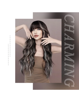 Close-up of long wavy hair wig with stylish skunk stripe highlights and neat bangs