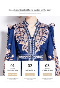 Close-up of retro V-neck dress with paisley floral print and lantern sleeve details