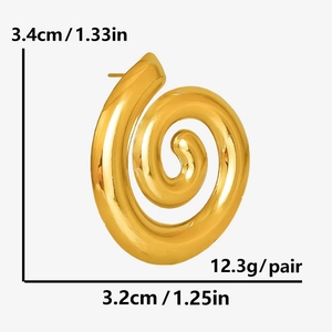 Detailed view of gold spiral earrings with precise dimensions 3.4cm x 3.2cm and weight