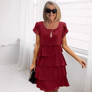 Elegant wine red multi-layered tiered short sleeve dress with chic flutter sleeves