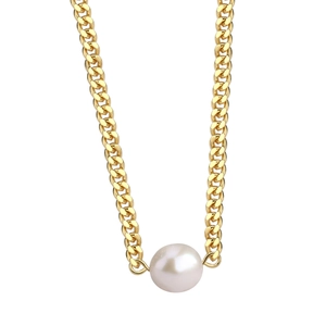 Chic gold Cuban link necklace featuring a large round white freshwater pearl pendant