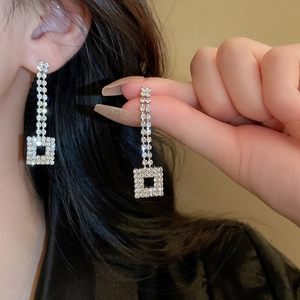 Luxury silver geometric square fringe earrings with sparkling zircons for women