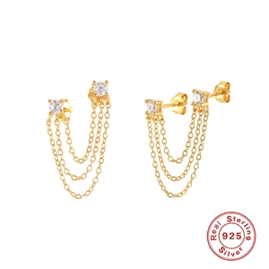 Detail view of S925 sterling silver triple layer tassel earrings with zircon studs
