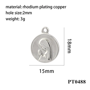 Detail showing rhodium-plated copper prayer pendant dimensions 15x18mm and 3g weight