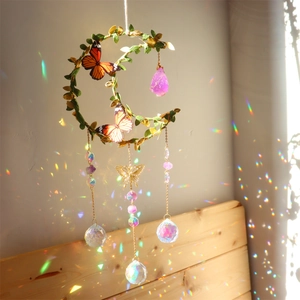 Crystal Suncatcher Wind Chime Moon Heart Star Shape Natural Amethyst Stone Butterfly Leaf Pendant Garden Window Decor