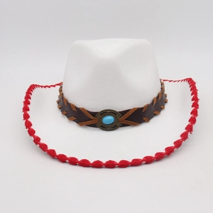 Detail of white cowboy hat featuring red stitching and turquoise stone on leather band