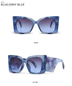 Front and 45-degree angle views of oversized square sunglasses in gray blue gradient