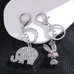 Sparkling elephant and rabbit keychain set with silver rhinestones and metal lobster clasp