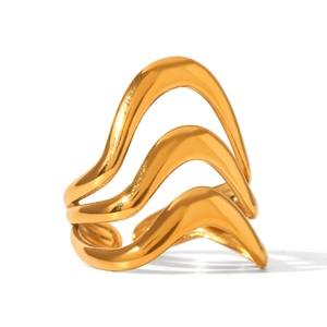 Close-up of triple-layered 18K gold plated wavy ring with a polished metallic finish