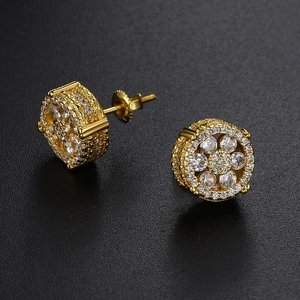 Hip hop style gold round stud earrings with pave zircon stones and screw back closure