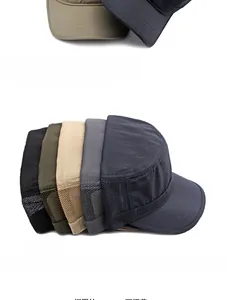 Detail showing five colors of breathable mesh flat top military caps for men and women