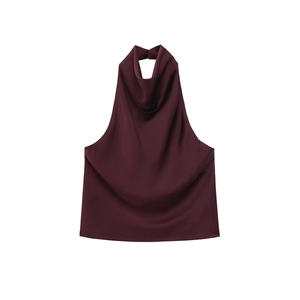 Elegant wine red satin halter top for women with a glossy finish on white background
