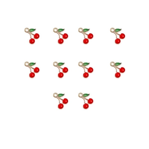 Macro view of ten cherry enamel alloy pendants with red fruit and green leaves