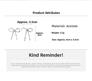 Detailed size specifications of blue acetate bow earrings with marble pattern and silver pins