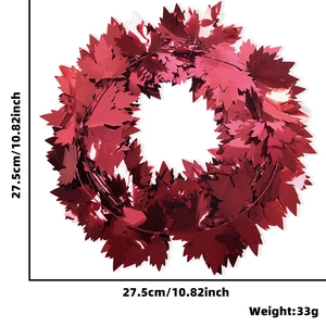 Red tinsel maple leaf wreath for Halloween and Thanksgiving decoration, 27.5cm diameter