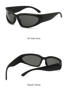 Detail showing the 45-degree side view and back structure of black Y2K wrap sunglasses