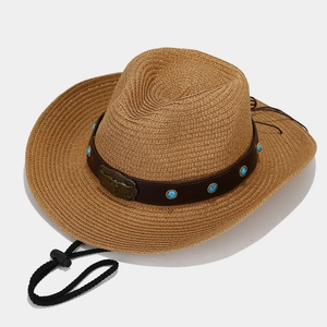 Western straw cowboy hat with vintage bull head buckle and turquoise leather trim