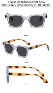 Detailed views of square matte grey sunglasses with tortoiseshell temples and black lenses