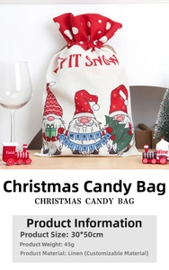 Linen Christmas gift bag with gnomes pattern and red polka dot drawstring 30x50cm