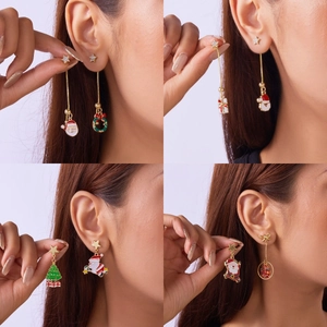 Christmas Asymmetric Dangle Earrings For Women Alloy Enamel Rhinestone Santa Claus Xmas Tree Star Tassel Jewelry