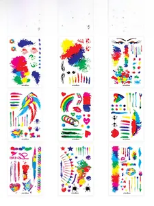 Detailed grid view of 9 waterproof rainbow graffiti temporary tattoo sticker sheets